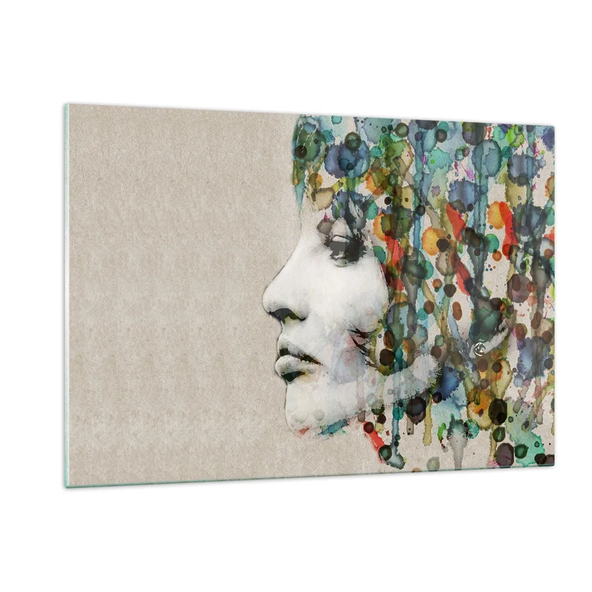 Glasbild - Bild auf glas - Frauenportrait mit abstrakten Farbakzenten - 120x80cm - Sie tauchte aus dem Grau auf - Moderne Wanddekoration für Wohnzimmer und Schlafzimmer ARTTOR