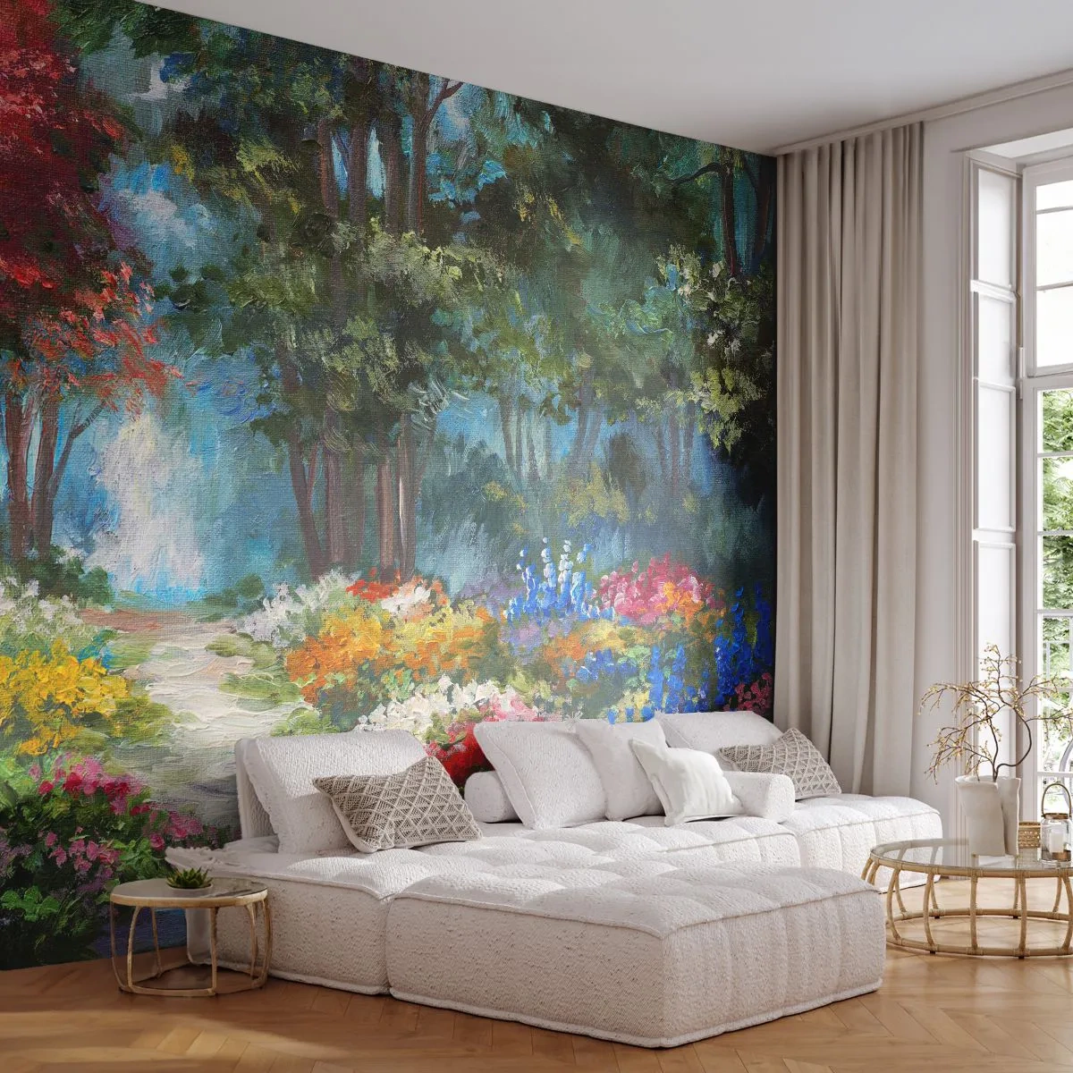 Fototapete Premium Sand - Waldgarten, Blumenwald - Landschaft, Park, Blumen - 300x210 cm