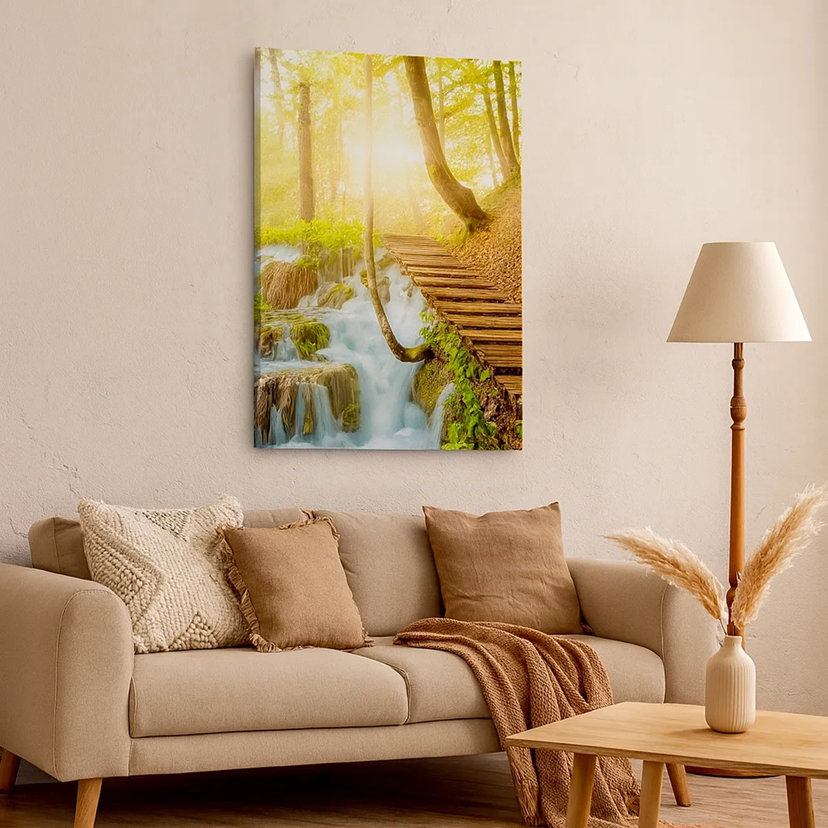 Bild auf Leinwand - Leinwandbild - Waldweg mit Holztreppe am Wasserfall - 50x70cm - Eine ersehnte Kühle - Moderne Wanddekoration für Wohnzimmer und Schlafzimmer ARTTOR