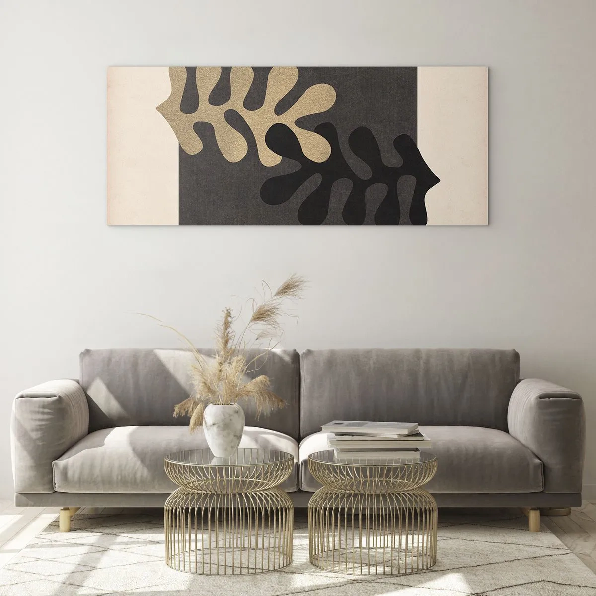 Glasbild - Bild auf glas - Abstrakte Blätter in Schwarz und Beige auf rechteckigem Hintergrund - 160x50cm - Abwesenheit und Ergänzung - Moderne Wanddekoration für Wohnzimmer und Schlafzimmer ARTTOR