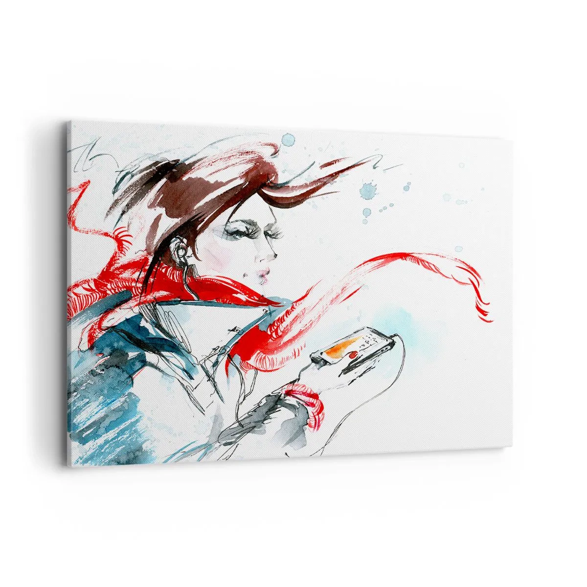 Bild auf Leinwand - Leinwandbild - Eine Frau in einem roten Schal mit dynamischen Aquarellstrichen - 120x80cm - Mit mir stimmt was nicht - Moderne Wanddekoration für Wohnzimmer und Schlafzimmer ARTTOR