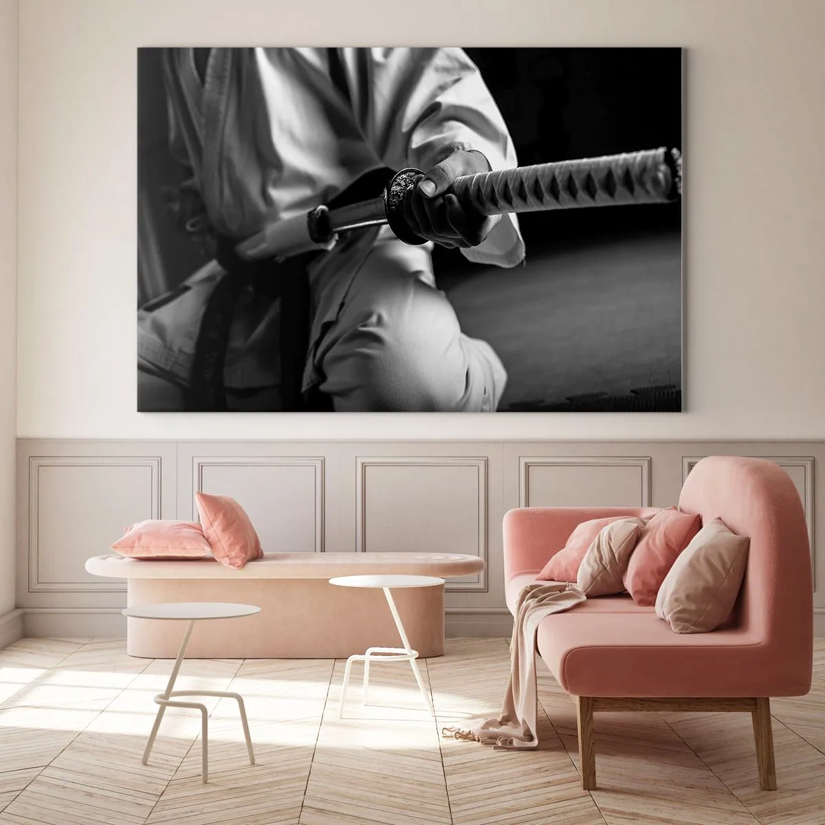 Glasbild - Bild auf glas - Eine Figur im Kimono hält ein Schwert, Schwarz-Weiß-Komposition - 70x50cm - Kriegerseele - Moderne Wanddekoration für Wohnzimmer und Schlafzimmer ARTTOR