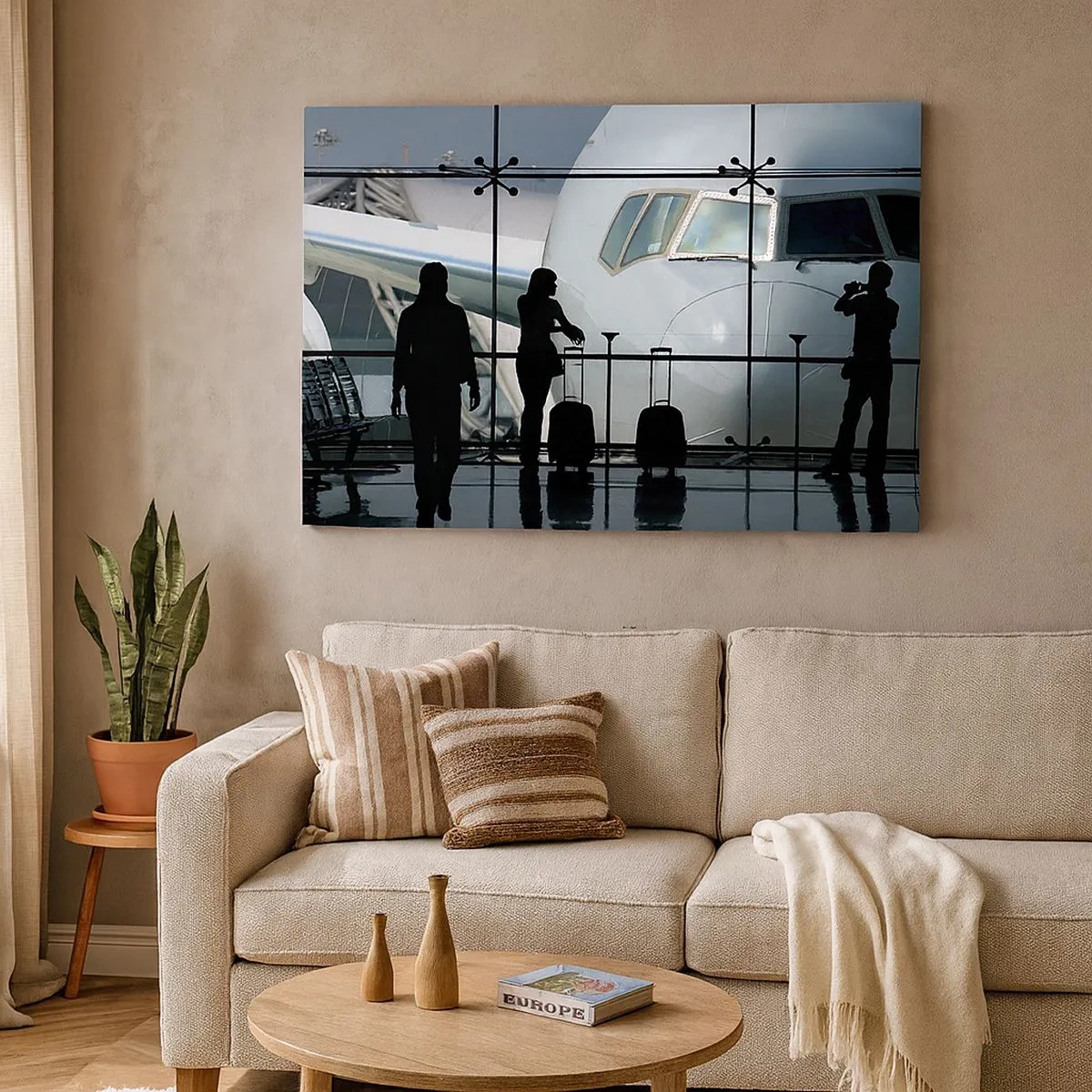 Bild auf Leinwand - Leinwandbild - Flughafen mit Silhouetten von Menschen und Blick auf das Flugzeug - 70x50cm - Vis a vis am Flughafen - Moderne Wanddekoration für Wohnzimmer und Schlafzimmer ARTTOR