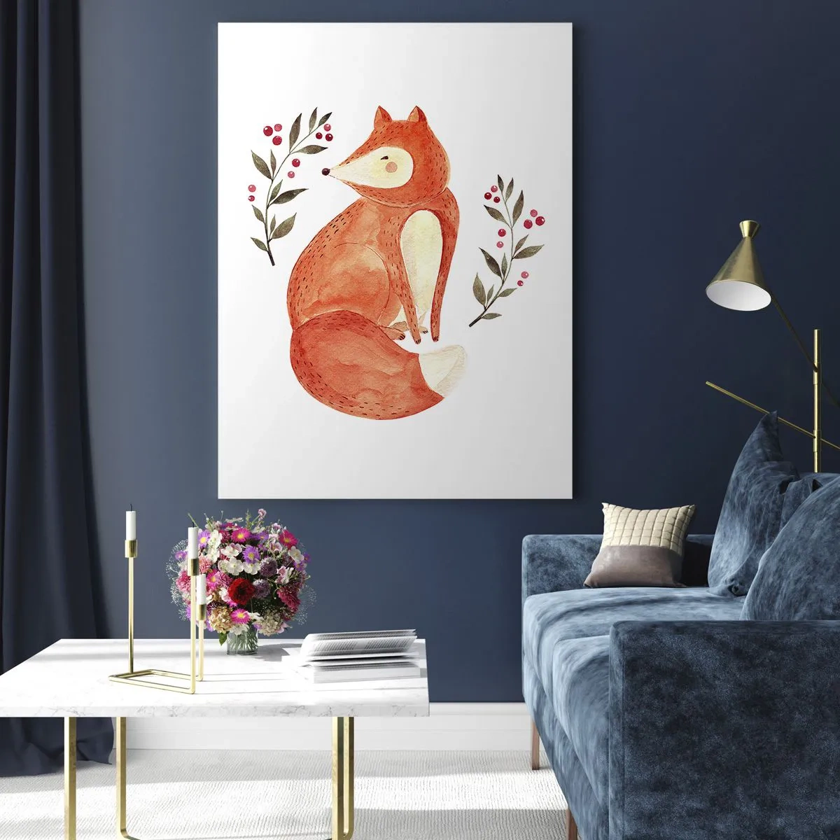 Glasbild - Bild auf glas - Entzückender Aquarellfuchs mit Zweigen und Beeren - 50x70cm - Kleine Rothaarige - Moderne Wanddekoration für Wohnzimmer und Schlafzimmer ARTTOR