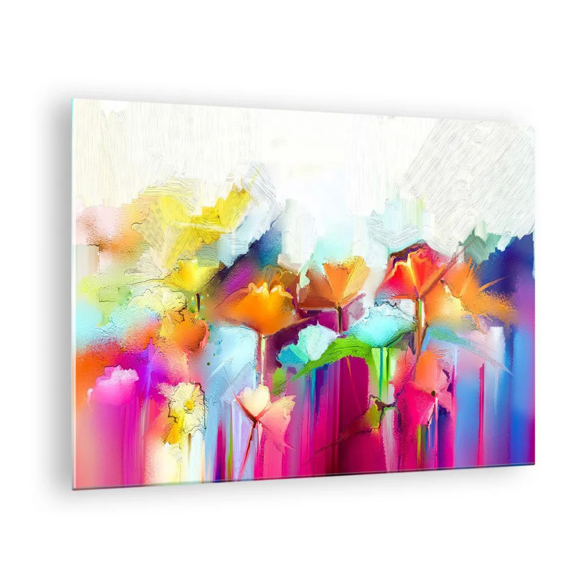 Glasbild - Bild auf glas - Abstrakte Blumen in intensiven Regenbogenfarben - 70x50cm - Der Regenbogen ist aufgeblüht - Moderne Wanddekoration für Wohnzimmer und Schlafzimmer ARTTOR