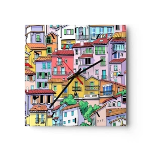 Wanduhr - Glasuhr - Bunte Mietshäuser im lebendigen, fröhlichen Stil - 30x30cm - Lustige Stadt - Moderne Wanddekoration für Wohnzimmer und Schlafzimmer ARTTOR