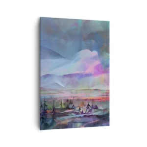 Bild auf Leinwand - Leinwandbild - Berglandschaft mit buntem Himmel und einem Dorf - 70x100cm - Unter einem wohlwollenden Himmel - Moderne Wanddekoration für Wohnzimmer und Schlafzimmer ARTTOR