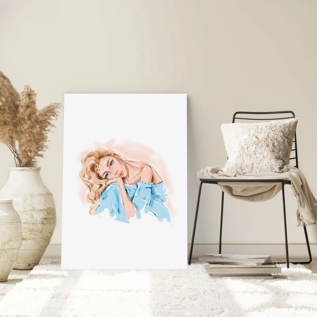 Poster - Ein subtiles Frauenporträt in zarten Farben - 50x70cm - Verträumt im Blau - Moderne Wanddekoration für Wohnzimmer und Schlafzimmer ARTTOR