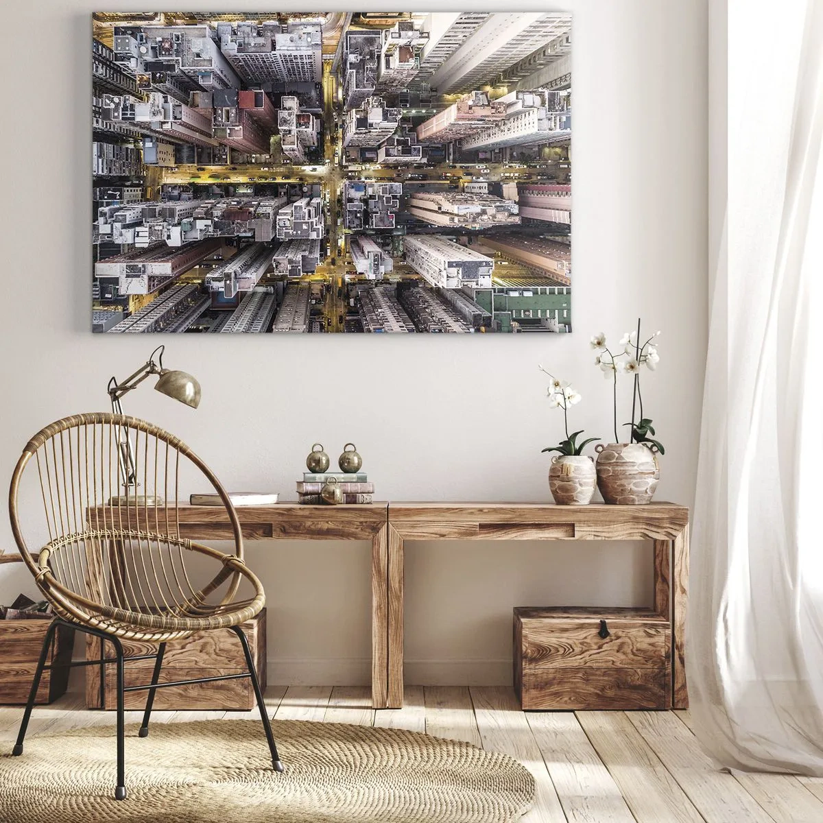 Bild auf Leinwand - Leinwandbild - Eine Stadt voller Wolkenkratzer aus der Vogelperspektive - 70x50cm - Grüße aus Hongkong - Moderne Wanddekoration für Wohnzimmer und Schlafzimmer ARTTOR