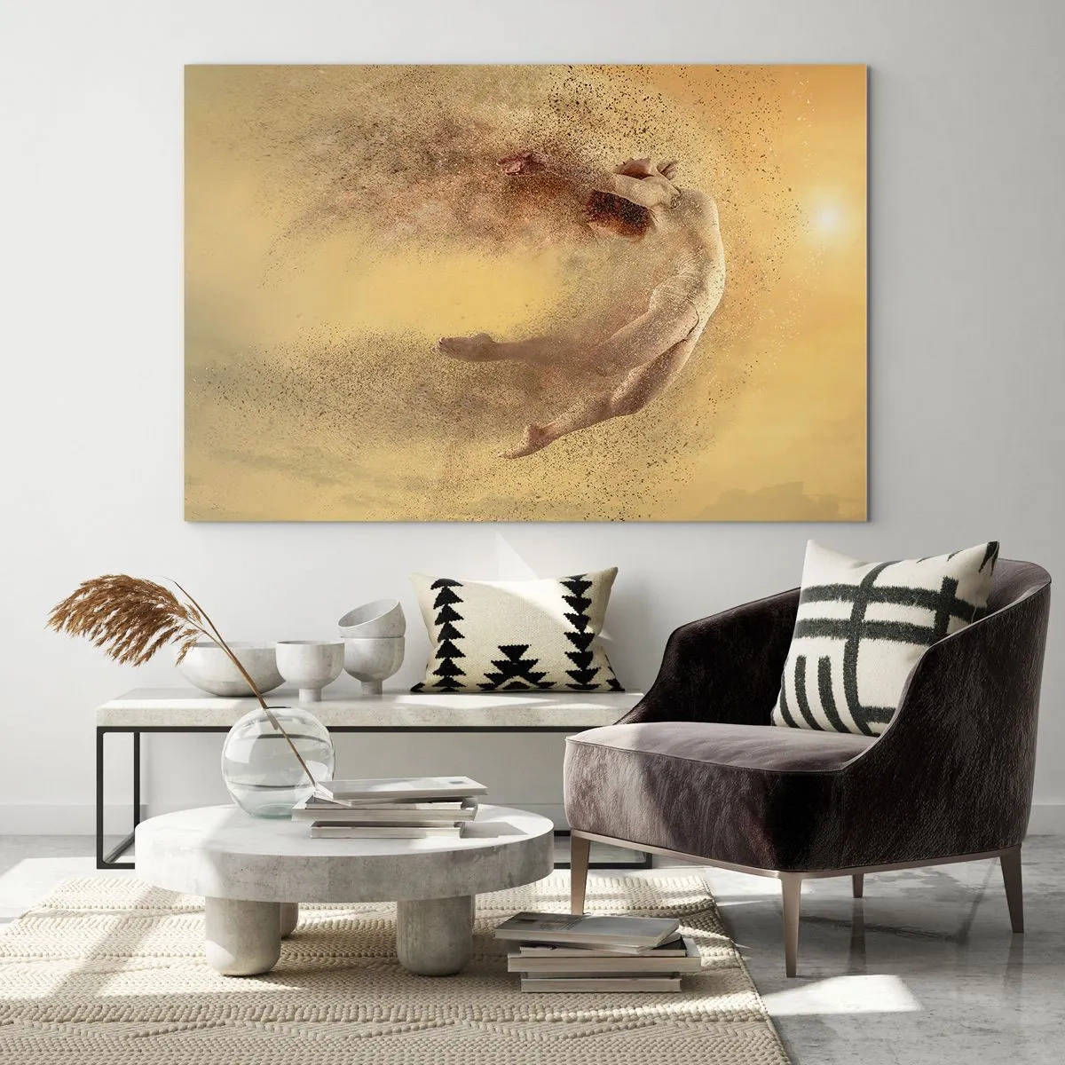 Glasbild - Bild auf glas - Eine Tänzerin in einer dynamischen Komposition vor goldenem Hintergrund - 70x50cm - In tanzender Ekstase - Moderne Wanddekoration für Wohnzimmer und Schlafzimmer ARTTOR