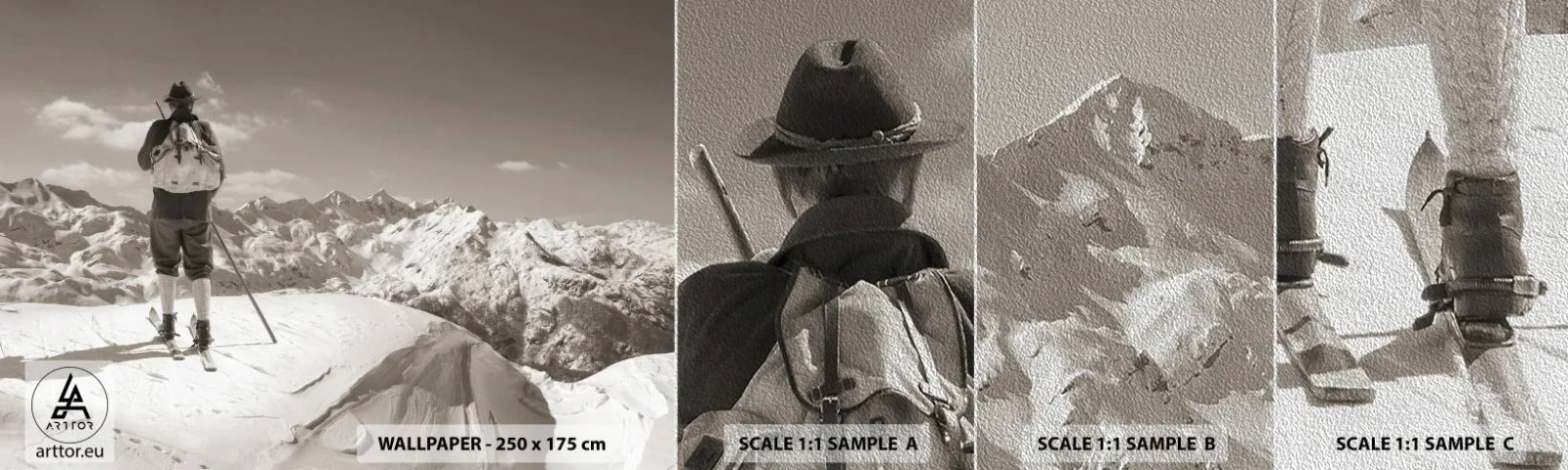 Fototapeten Muster Premium Sand - Und die Berge bleiben unverändert - Landschaft, Berge, Skifahrer - 100x30 cm