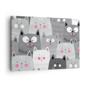 Bild auf Leinwand - Leinwandbild - Ein lustiges Muster mit Katzen in Grautönen - 70x50cm - Katzenwelt - Moderne Wanddekoration für Wohnzimmer und Schlafzimmer ARTTOR