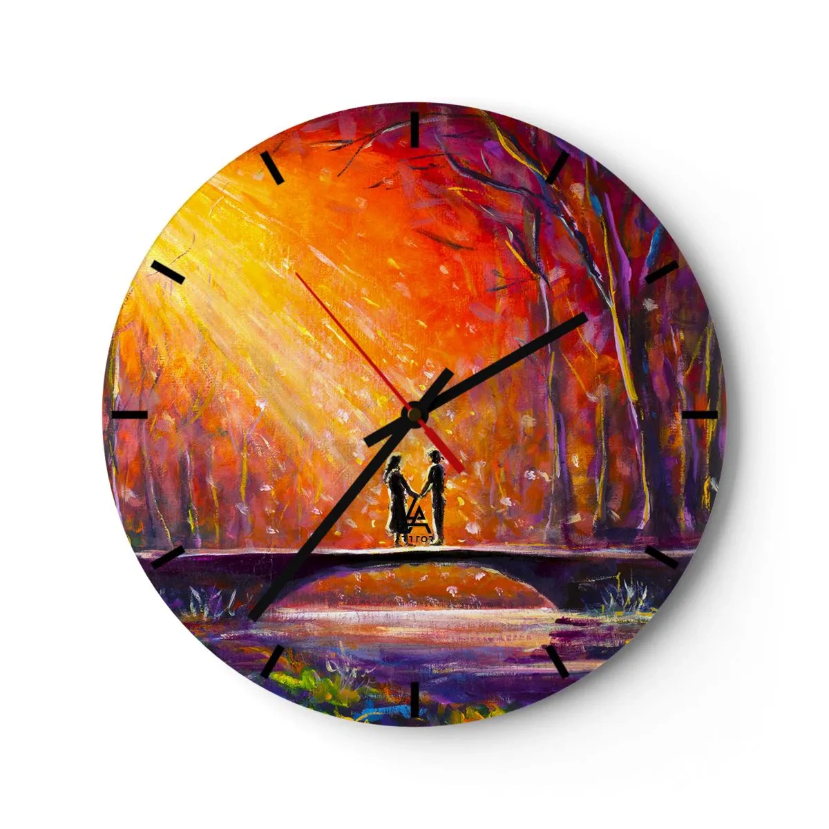 Wanduhr - Glasuhr - Farbenprächtiger Sonnenuntergang über einer Brücke im Wald - 30x30cm - Der Himmel liebt sie auch - Moderne Wanddekoration für Wohnzimmer, Küche und Schlafzimmer ARTTOR