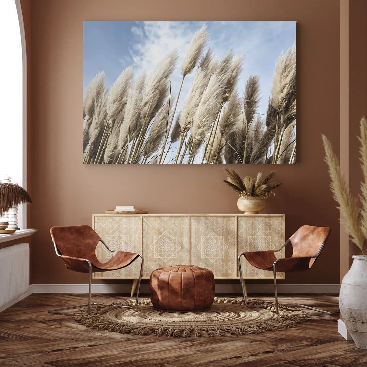 Bild auf Leinwand - Leinwandbild - Zarte Pampasgräser vor blauem Himmel mit leichten Wolken - 120x80cm - Sonnige und windige Liebkosungen - Moderne Wanddekoration für Wohnzimmer und Schlafzimmer ARTTOR