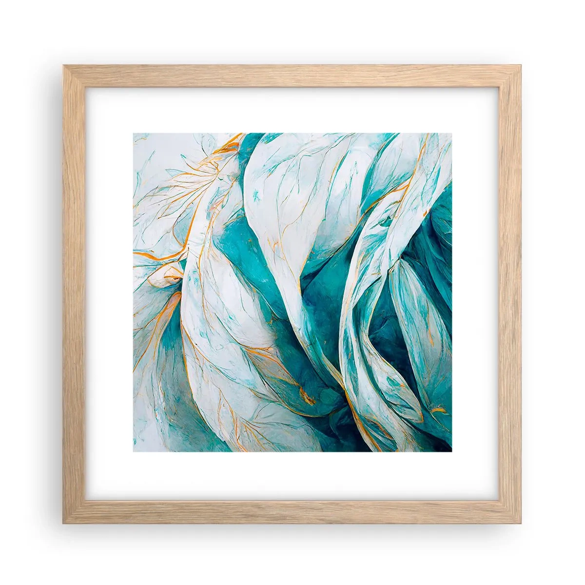 Poster in einem Rahmen aus heller Eiche - Blaue Abstraktion mit goldenem Motiv - 30x30 cm