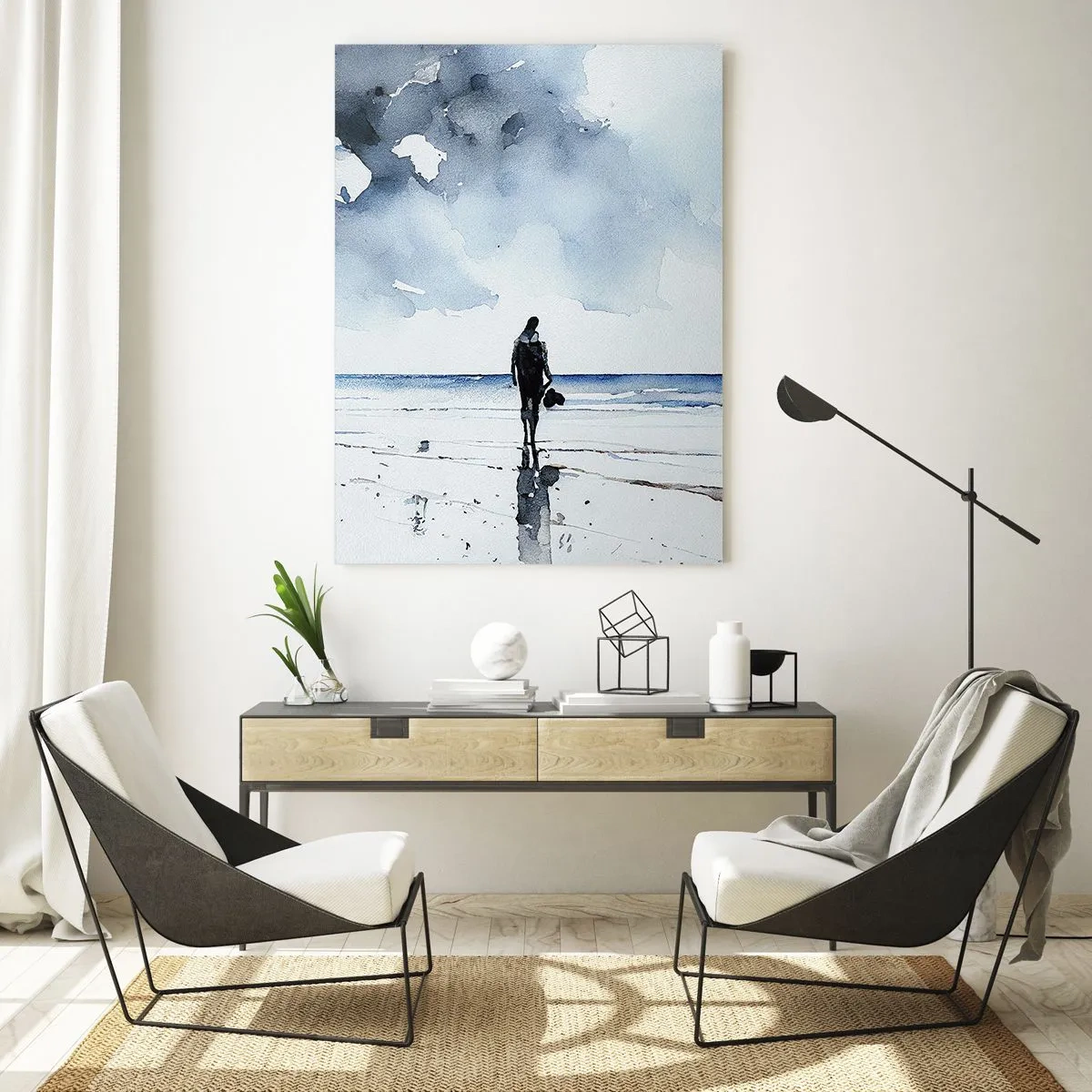 Glasbild - Bild auf glas - Silhouette einer Person an der Küste in zartem Aquarell - 50x70cm - Gespräch mit dem Meer - Moderne Wanddekoration für Wohnzimmer und Schlafzimmer ARTTOR