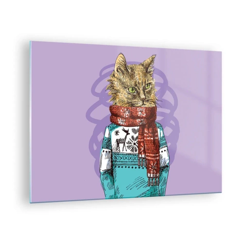 Glasbild - Bild auf glas - Eine Katze in Pullover und Schal auf violettem Hintergrund - 70x50cm - Die Katze nicht nur in Schuhen - Moderne Wanddekoration für Wohnzimmer und Schlafzimmer ARTTOR