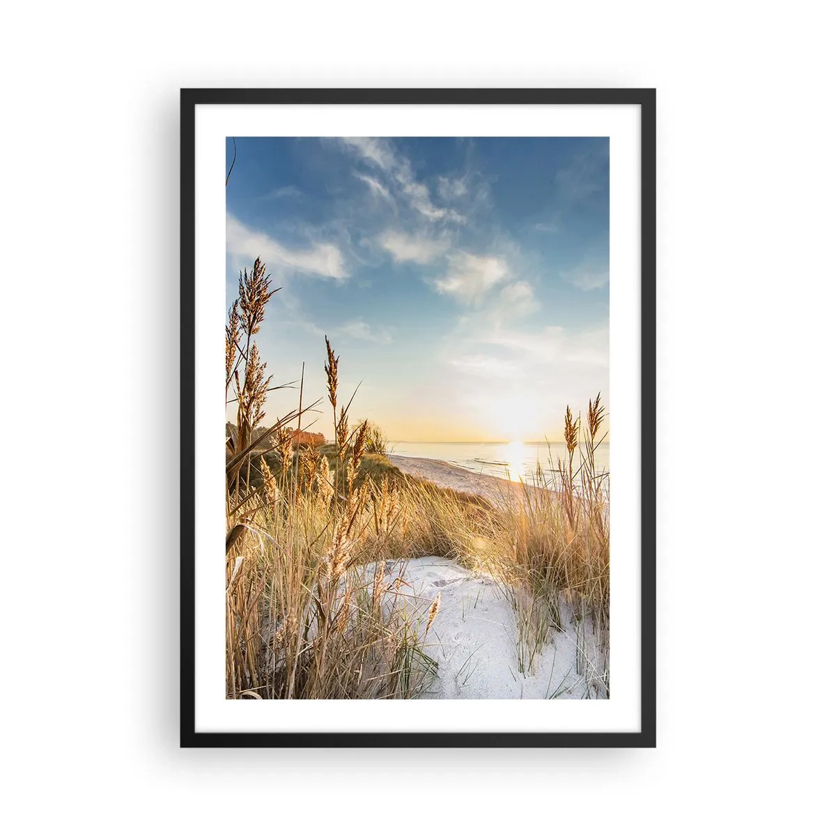 Poster in einem schwarzem Rahmen - Sonnige Strandlandschaft mit Gräsern auf den Dünen - 50x70cm - Nordstrand - Moderne Wanddekoration für Wohnzimmer und Schlafzimmer ARTTOR