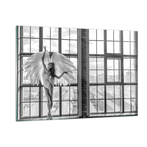 Glasbild - Bild auf glas - Ballerina mit Engelsflügeln in Schwarz und Weiß - 120x80cm - Stadt der Engel? - Moderne Wanddekoration für Wohnzimmer und Schlafzimmer ARTTOR