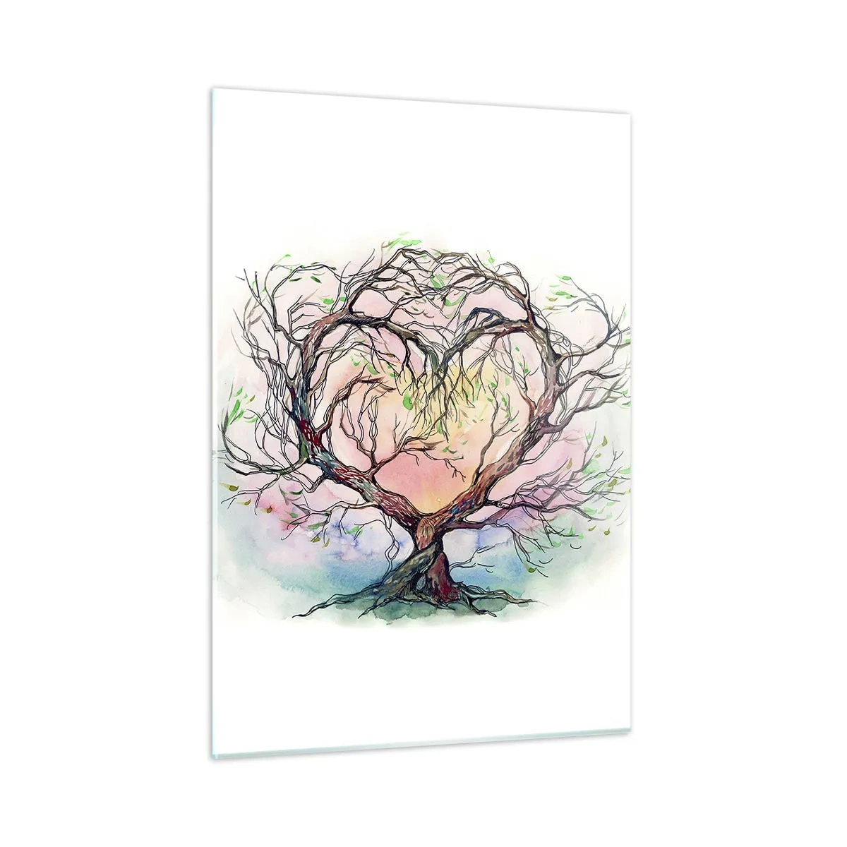 Glasbild - Bild auf glas - Ein herzförmiger Baum mit einem farbenfrohen, pastellfarbenen Hintergrund - 50x70cm - Gemeinsam gegen die Stürme - Moderne Wanddekoration für Wohnzimmer und Schlafzimmer ARTTOR