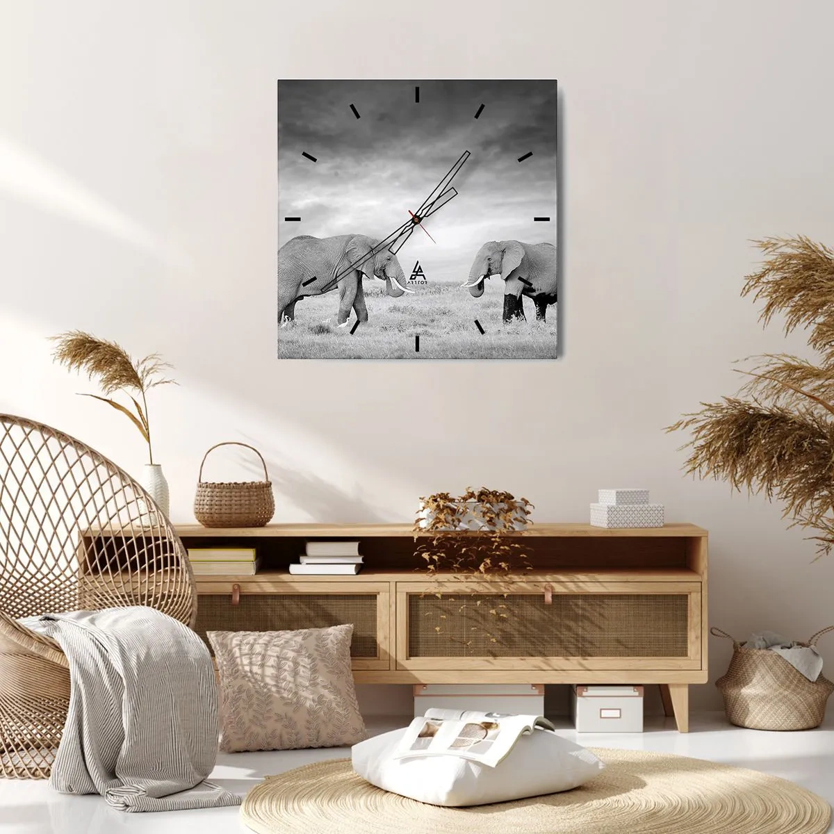 Wanduhr - Glasuhr - Zwei Elefanten vor der Kulisse der afrikanischen Savanne - 30x30cm - Grau ist schön - Moderne Wanddekoration für Wohnzimmer und Schlafzimmer ARTTOR
