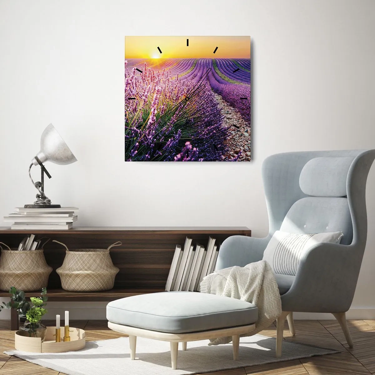 Wanduhr - Glasuhr - Lavendelfeld bei Sonnenuntergang - 30x30cm - Duftende Kornfelder - Moderne Wanddekoration für Wohnzimmer und Schlafzimmer ARTTOR