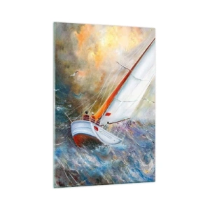 Glasbild - Bild auf glas - Segelboote auf rauen Wellen in einer dynamischen Komposition - 80x120cm - Durch die Wellen laufend - Moderne Wanddekoration für Wohnzimmer und Schlafzimmer ARTTOR