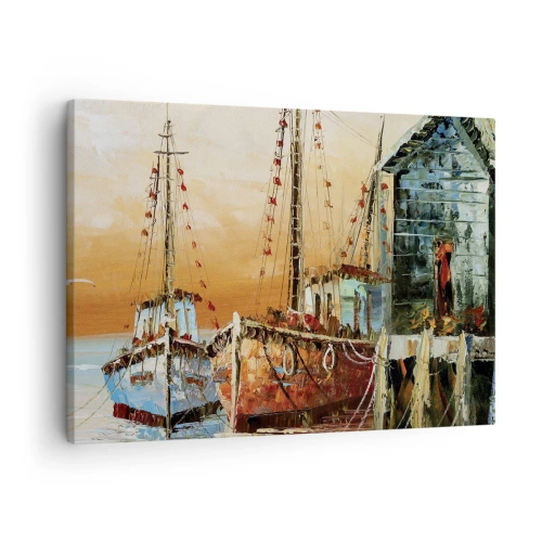 Bild auf Leinwand - Leinwandbild - Boote am Ufer im warmen Licht des Sonnenuntergangs - 70x50cm - Friedliche Rückkehr - Moderne Wanddekoration für Wohnzimmer und Schlafzimmer ARTTOR