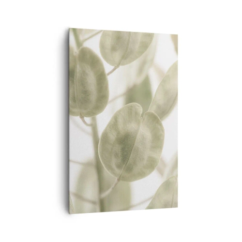 Bild auf Leinwand - Leinwandbild - Ein zartes Gemälde von Blättern in pastellfarbenen Grüntönen auf hellem Hintergrund. - 80x120cm - Am Anfang waren Blätter... - Moderne Wanddekoration für Wohnzimmer und Schlafzimmer ARTTOR