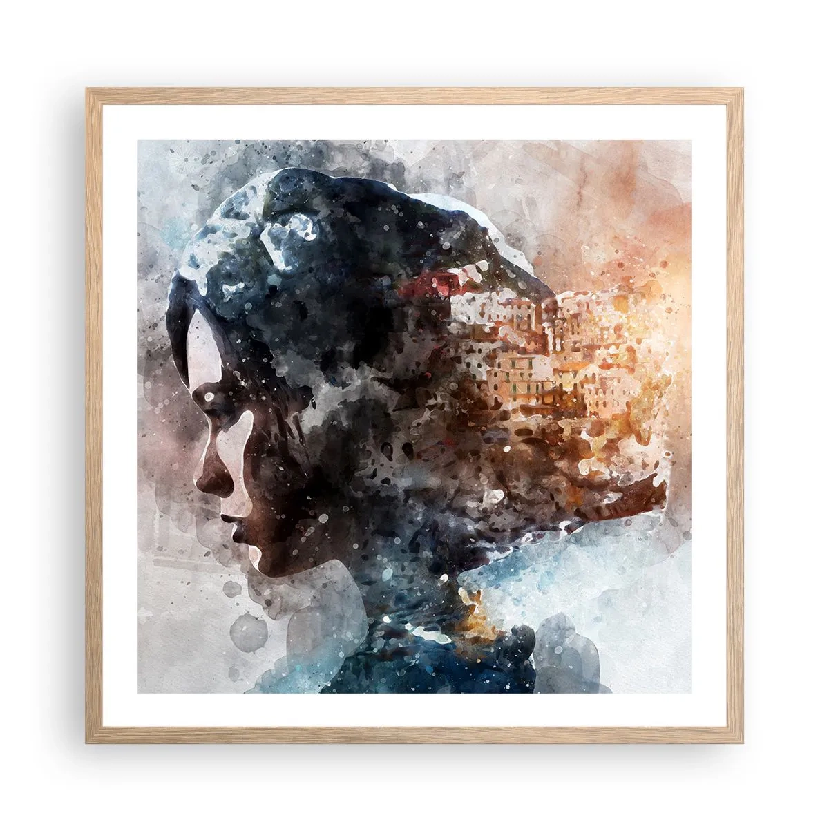 Poster in einem Rahmen aus heller Eiche - Eine Geschichte über ein Mädchen mit einer Stadt im Hintergrund - 60x60 cm