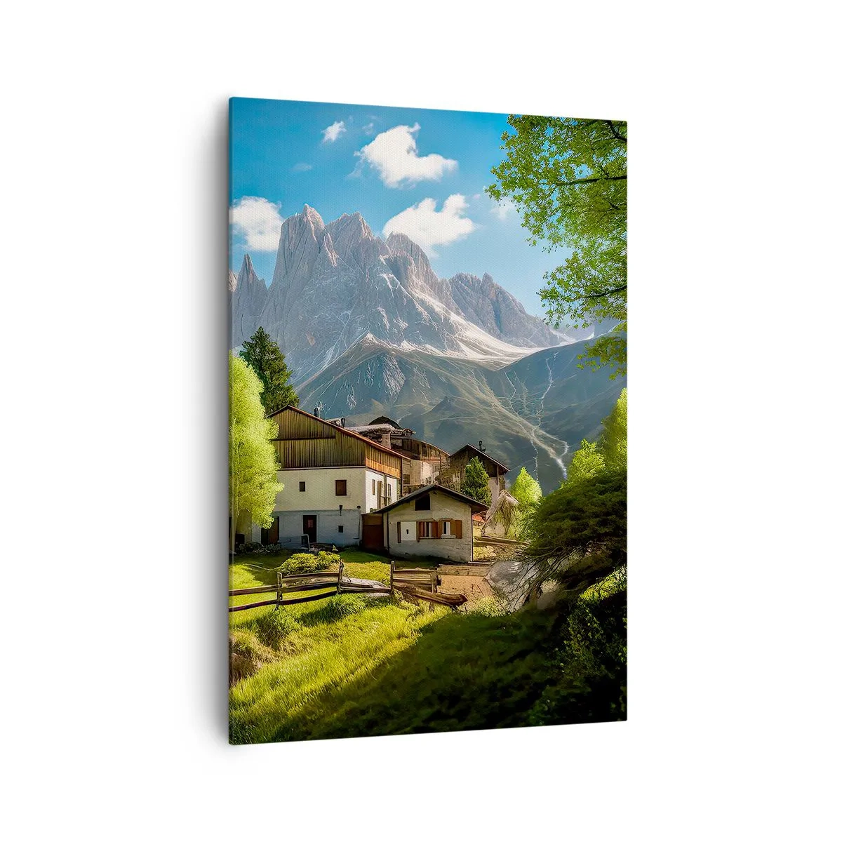 Bild auf Leinwand - Leinwandbild - Ein Bergdorf mit Häusern und Blick auf die Alpen - 70x100cm - Alpenidylle - Moderne Wanddekoration für Wohnzimmer und Schlafzimmer ARTTOR
