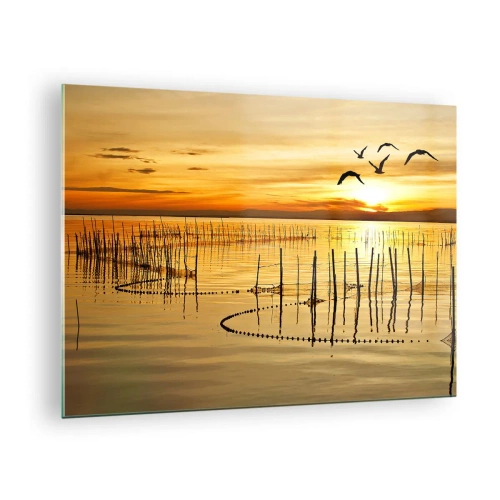 Glasbild - Bild auf glas - Sonnenuntergang über einem See mit Vögeln und Fischernetzen - 70x50cm - In der Fischerei - Moderne Wanddekoration für Wohnzimmer und Schlafzimmer ARTTOR