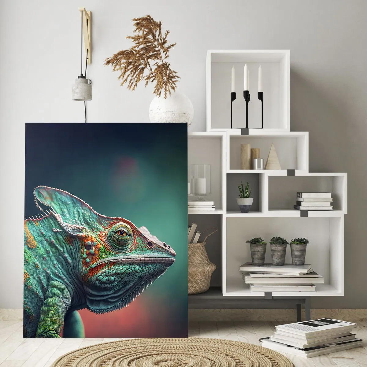 Glasbild - Bild auf glas - Ein buntes Chamäleon vor unscharfem Hintergrund bei intensivem Licht. - 50x70cm - Siehst du mich? Nicht gut… - Moderne Wanddekoration für Wohnzimmer und Schlafzimmer ARTTOR