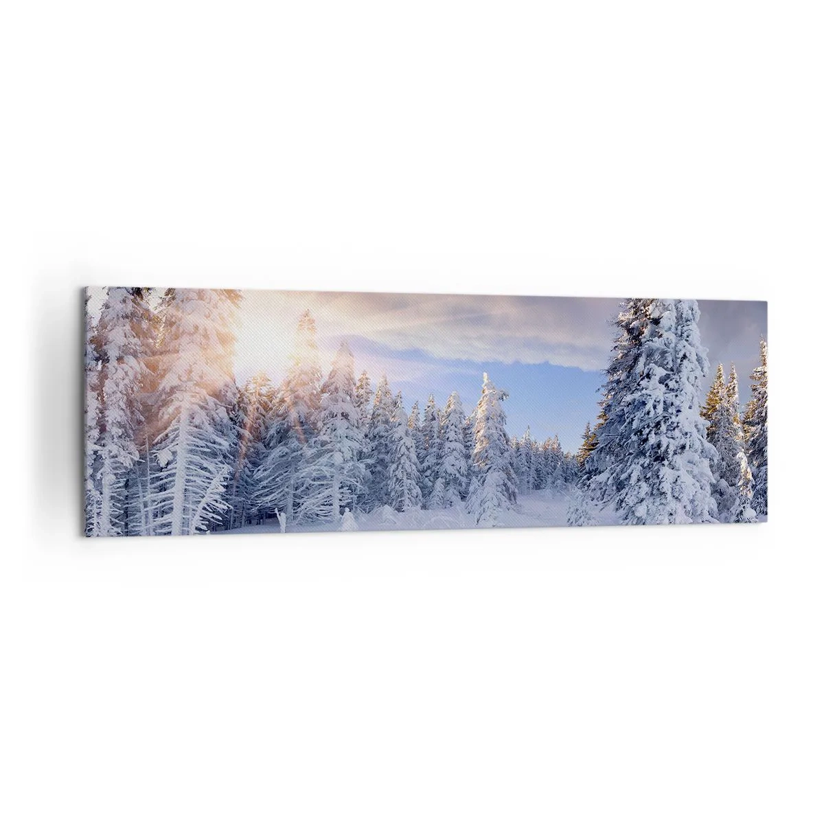 Bild auf Leinwand - Leinwandbild - Winterlandschaft mit schneebedecktem Wald bei Sonnenuntergang - 160x50cm - Ein verschneites Naturschauspiel - Moderne Wanddekoration für Wohnzimmer und Schlafzimmer ARTTOR