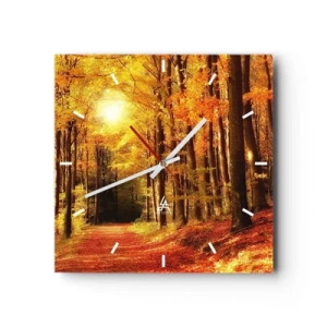 Wanduhr - Glasuhr - Herbstwald mit Sonnenstrahlen, die durch die Bäume scheinen - 30x30cm - Goldener Herbst auf einer Forststraße - Moderne Wanddekoration für Wohnzimmer und Schlafzimmer ARTTOR