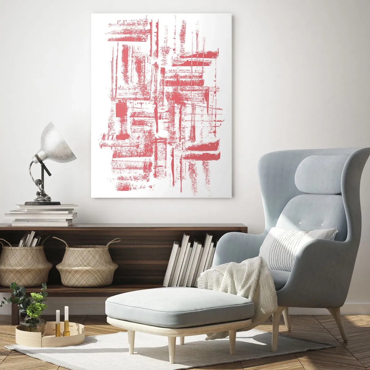 Glasbild - Bild auf glas - Eine abstrakte Komposition in Rot, die an die Umrisse städtischer Architektur erinnert. - 50x70cm - Die rote Stadt - Moderne Wanddekoration für Wohnzimmer und Schlafzimmer ARTTOR