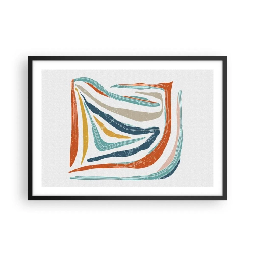Poster in einem schwarzem Rahmen - Bunte, dynamische Linien in Blau-, Orange- und Beigetönen - 70x50cm - Abstraktion mit einem freundlichen Lächeln - Moderne Wanddekoration für Wohnzimmer und Schlafzimmer ARTTOR