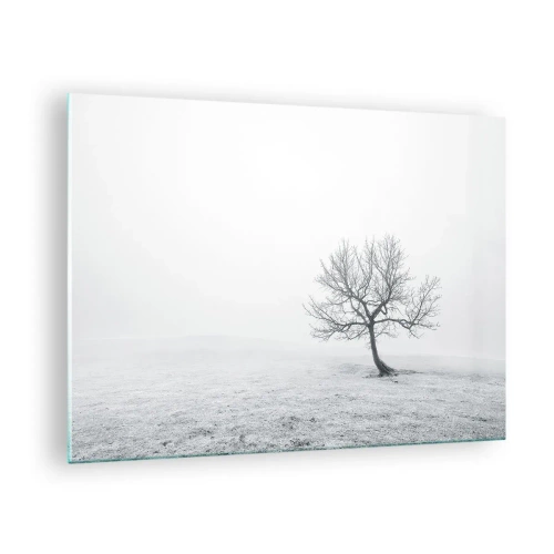 Glasbild - Bild auf glas - Ein einsamer Baum vor dem Nebel in einer monochromen Komposition - 70x50cm - Gegen das Nichts - Moderne Wanddekoration für Wohnzimmer und Schlafzimmer ARTTOR