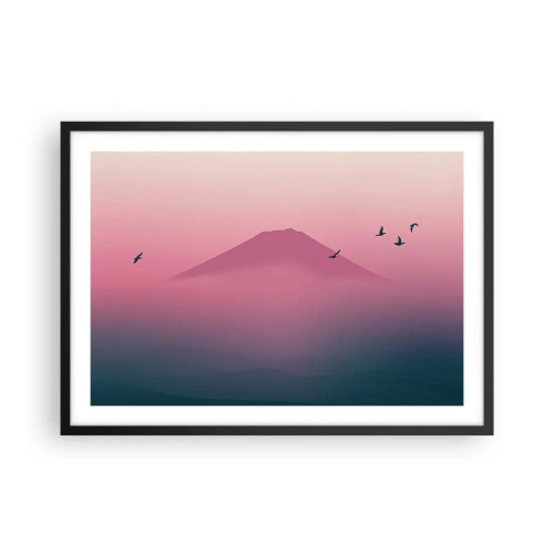 Poster in einem schwarzem Rahmen - Eine minimalistische Landschaft mit einem Berg und Vögeln bei Sonnenaufgang - 70x50cm - Wanderer über den Wolken - Moderne Wanddekoration für Wohnzimmer und Schlafzimmer ARTTOR
