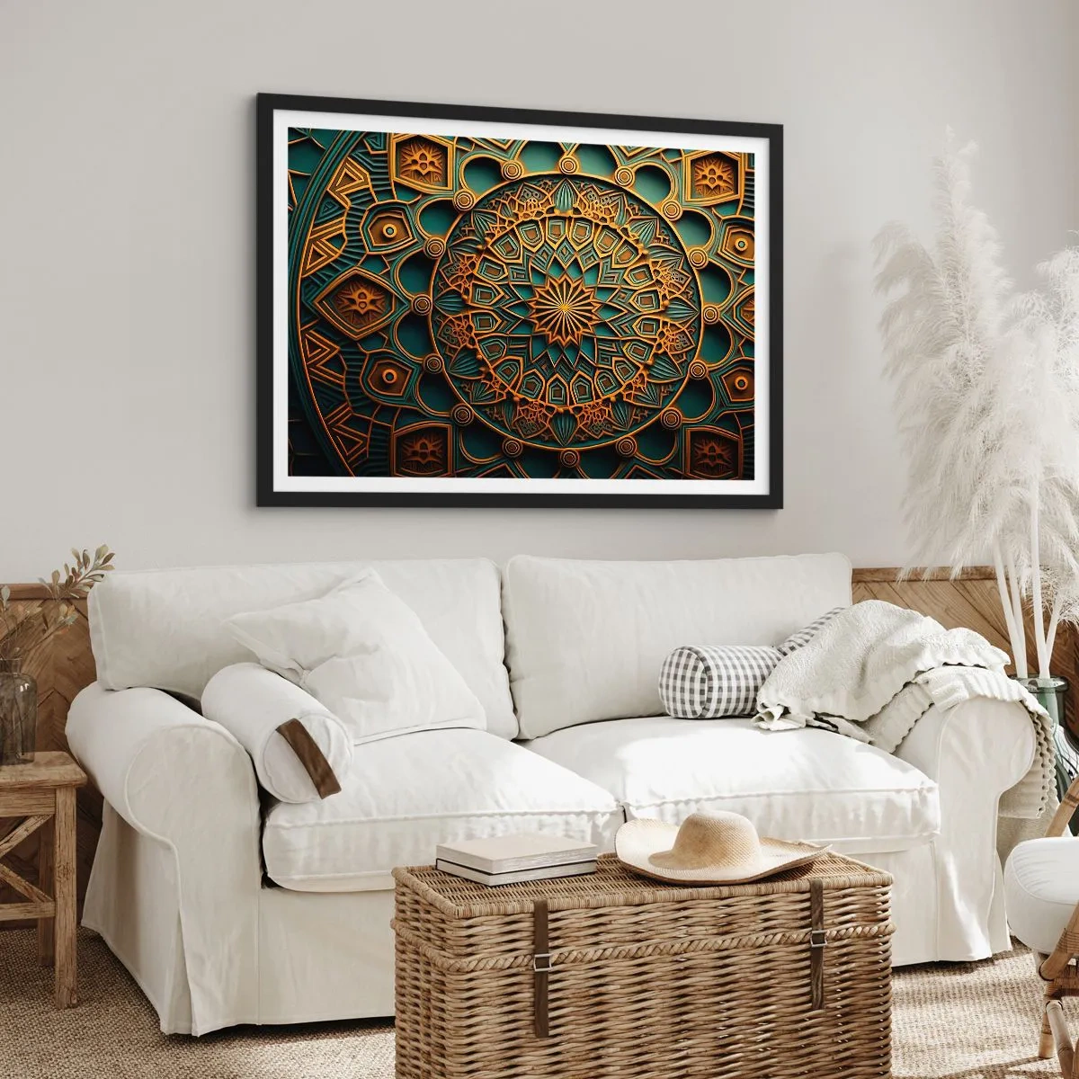 Poster in einem schwarzem Rahmen - Ein goldenes Mandala auf türkisfarbenem Hintergrund mit vielen Details. - 70x50cm - In arabischer Atmosphäre - Moderne Wanddekoration für Wohnzimmer und Schlafzimmer ARTTOR