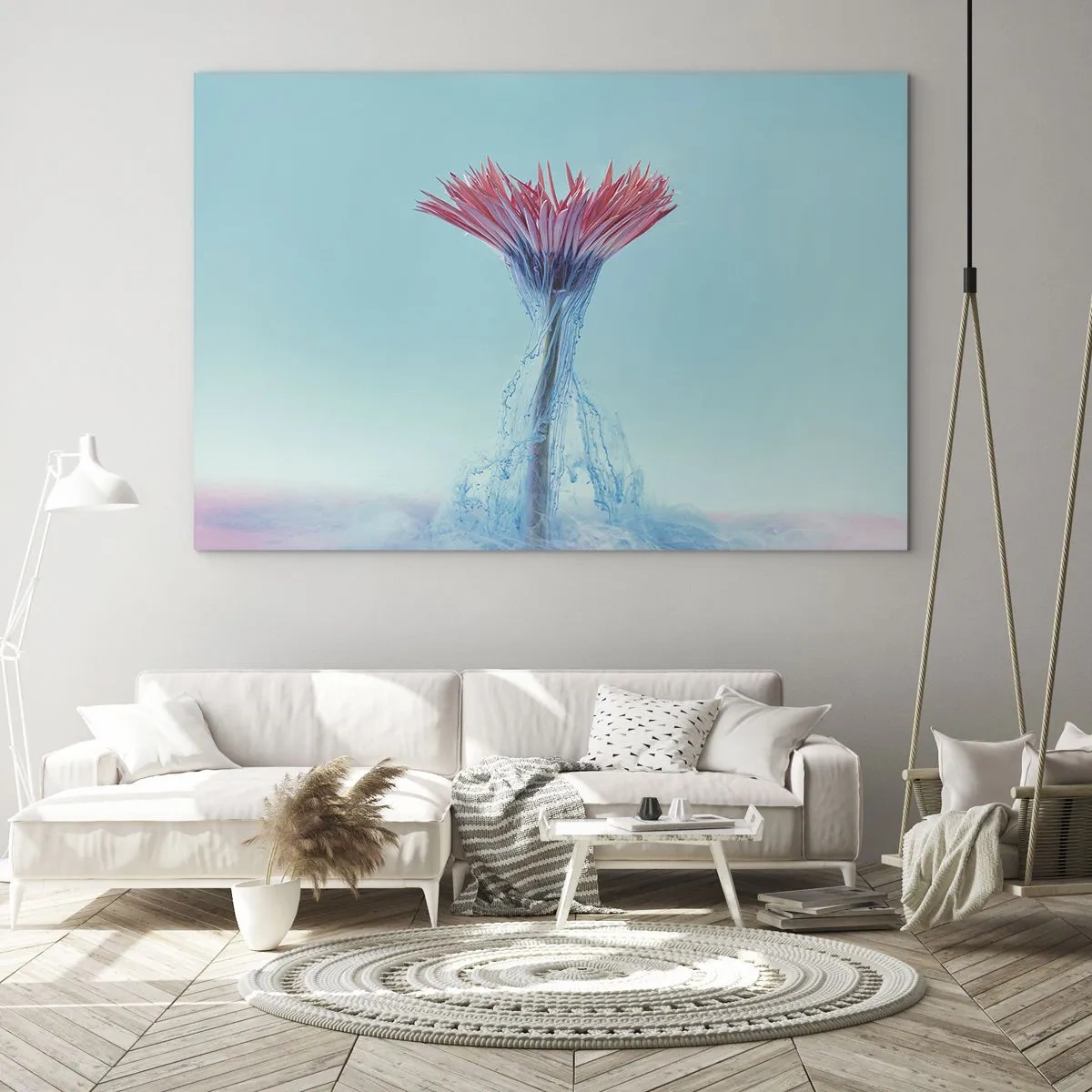 Glasbild - Bild auf glas - Eine phantasievolle Blume, eingetaucht in einen blauen und rosa Dunst - 120x80cm - In einer belebenden Umarmung - Moderne Wanddekoration für Wohnzimmer und Schlafzimmer ARTTOR