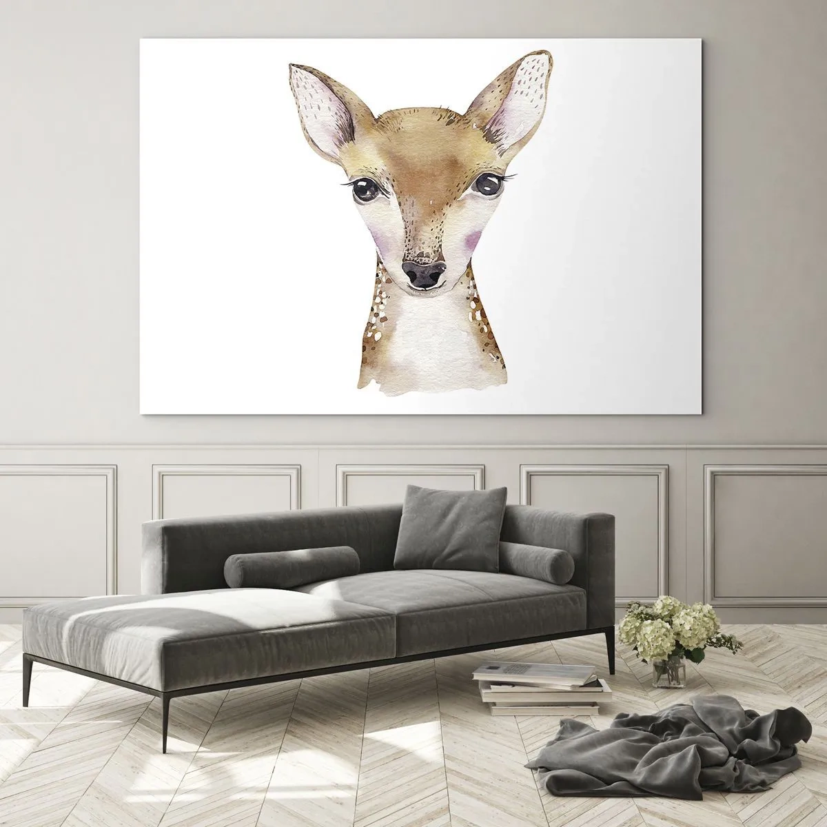 Glasbild - Bild auf glas - Ein bezauberndes Aquarellporträt eines jungen Rehkitz - 100x70cm - Die Natur der Unschuld - Moderne Wanddekoration für Wohnzimmer und Schlafzimmer ARTTOR