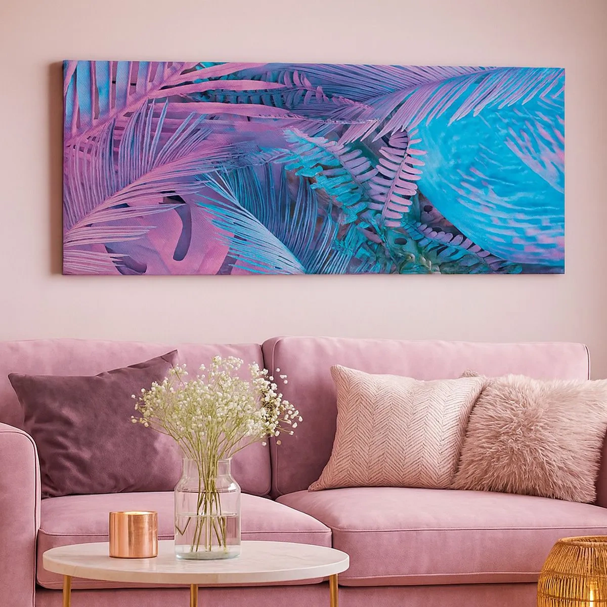 Bild auf Leinwand - Leinwandbild - Tropen in Rosa und Blau - 100x40 cm