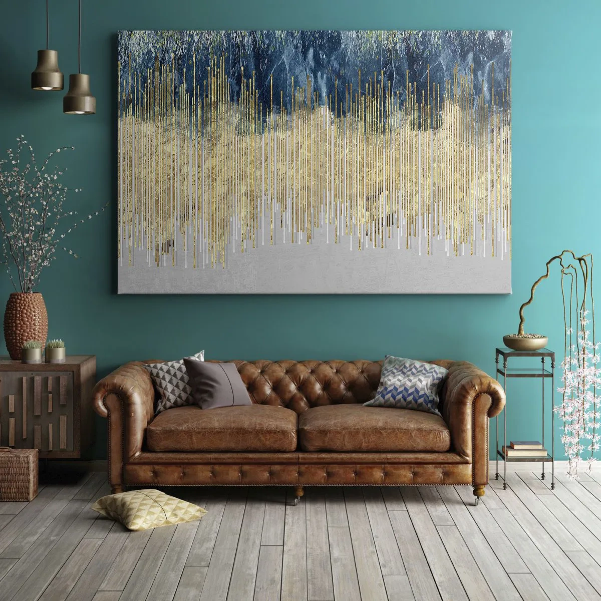 Bild auf Leinwand - Leinwandbild - Goldene Linien vor einem Hintergrund aus marineblauer und grauer Abstraktion - 120x80cm - Vergoldete Grenze - Moderne Wanddekoration für Wohnzimmer und Schlafzimmer ARTTOR