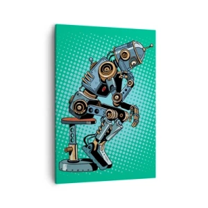 Bild auf Leinwand - Leinwandbild - Denkerroboter im Pop-Art-Stil auf grünem Hintergrund - 50x70cm - Über der Essenz des Seins - Moderne Wanddekoration für Wohnzimmer und Schlafzimmer ARTTOR