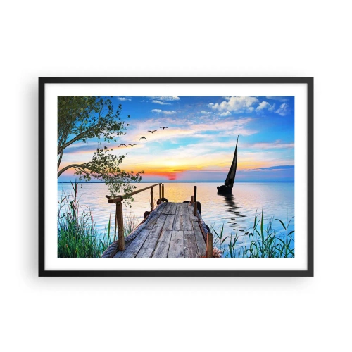 Poster in einem schwarzem Rahmen - Seepier mit Boot und Sonnenuntergang - 70x50cm - Guten Abend - Moderne Wanddekoration für Wohnzimmer und Schlafzimmer ARTTOR