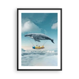 Poster in einem schwarzem Rahmen - Ein fantastisches Bild eines Wals, der ein Flugzeug über die Wolken hebt. - 50x70cm - Warum nicht? - Moderne Wanddekoration für Wohnzimmer und Schlafzimmer ARTTOR