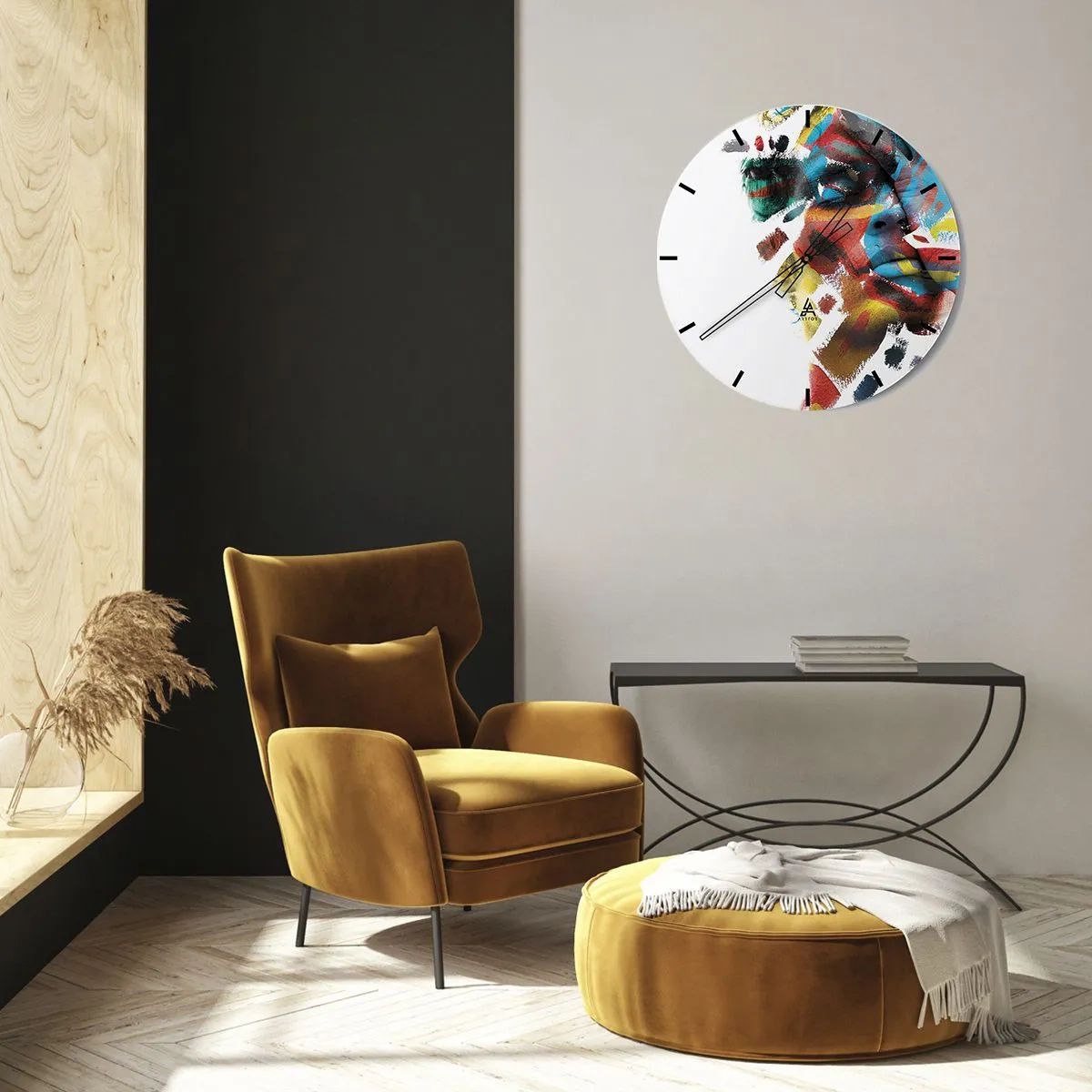 Wanduhr - Glasuhr - Bunte Abstraktion eines Gesichts mit intensiven Pinselstrichen - 30x30cm - Eine bunte Persönlichkeit - Moderne Wanddekoration für Wohnzimmer, Küche und Schlafzimmer ARTTOR
