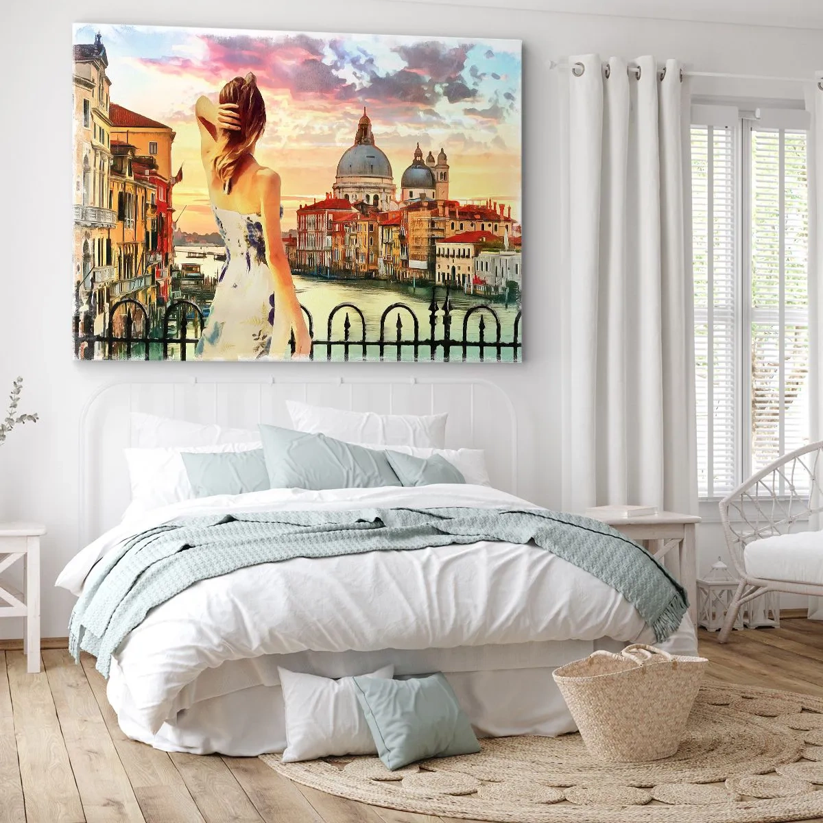 Bild auf Leinwand - Leinwandbild - Eine Frau bewundert die malerische Landschaft am Kanal - 100x70cm - Als Abenteuer nur in ... - Moderne Wanddekoration für Wohnzimmer und Schlafzimmer ARTTOR