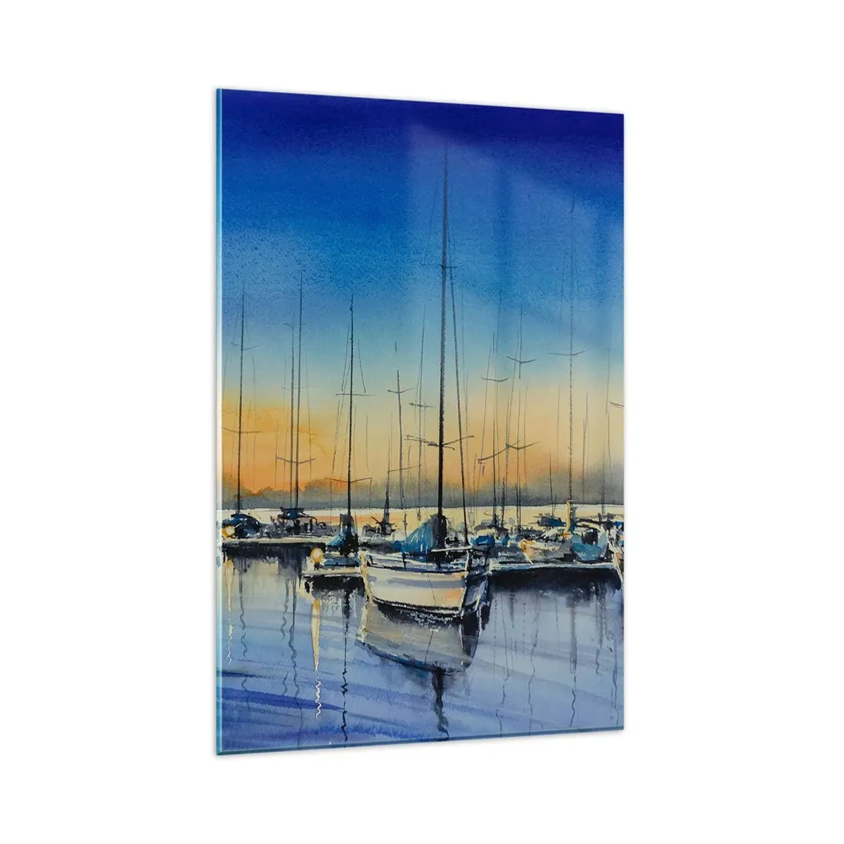 Glasbild - Bild auf glas - Yachthafen bei Sonnenuntergang mit Spiegelungen auf dem Wasser - 80x120cm - Ende eines guten Tages - Moderne Wanddekoration für Wohnzimmer und Schlafzimmer ARTTOR
